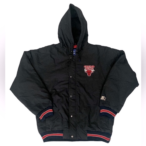 NBA CHICAGO BULLS VINTAGE STARTER Black Logo Button Full-Zip Hooded Jacket in M - Picture 1 of 8